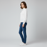Women's White Textured Zip-Up Top with Puff Sleeves