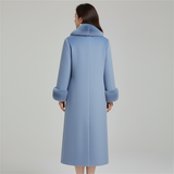 Elegant Blue Long Winter Coat with Faux Fur Collar & Cuffs - Wool Blend - Classic Straight Cut