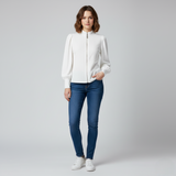 Women's White Textured Zip-Up Top with Puff Sleeves