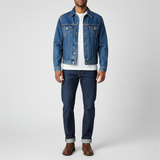 Men's Classic Mid-Wash Blue Denim Trucker Jacket