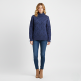 Women's Blue Chunky Knit Mock Neck Sweater with Diamond Texture