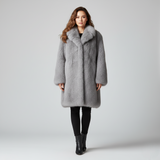 Luxurious Gray Faux Fur Winter Coat for Women - Longline Design with Wide Lapel Collar