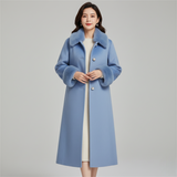 Elegant  Blue Long Winter Coat with Faux Fur Collar & Cuffs - Wool Blend - Classic Straight Cut