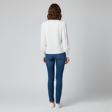 Women's White Textured Zip-Up Top with Puff Sleeves
