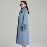 Elegant  Blue Long Winter Coat with Faux Fur Collar & Cuffs - Wool Blend - Classic Straight Cut