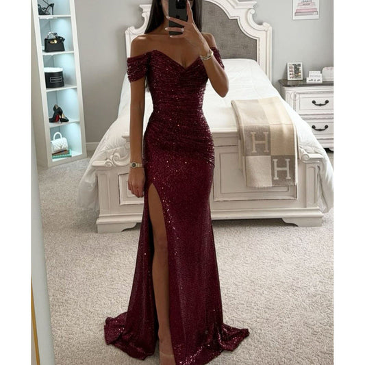 Autumn evening dress for women - long, sequined, off-the-shoulder dress with slit for weddings and parties