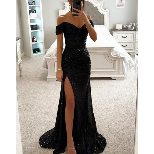 Autumn evening dress for women - long, sequined, off-the-shoulder dress with slit for weddings and parties
